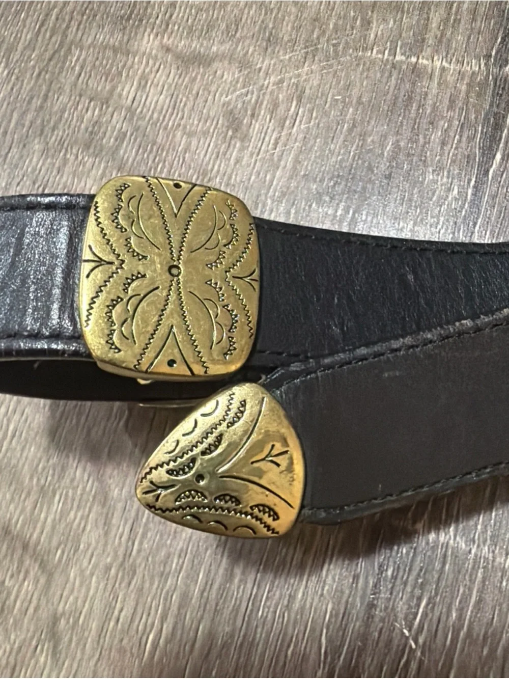 Vintage 1991 Brighton Black Leather Belt Women’s Gold Medallion Buckle 35”